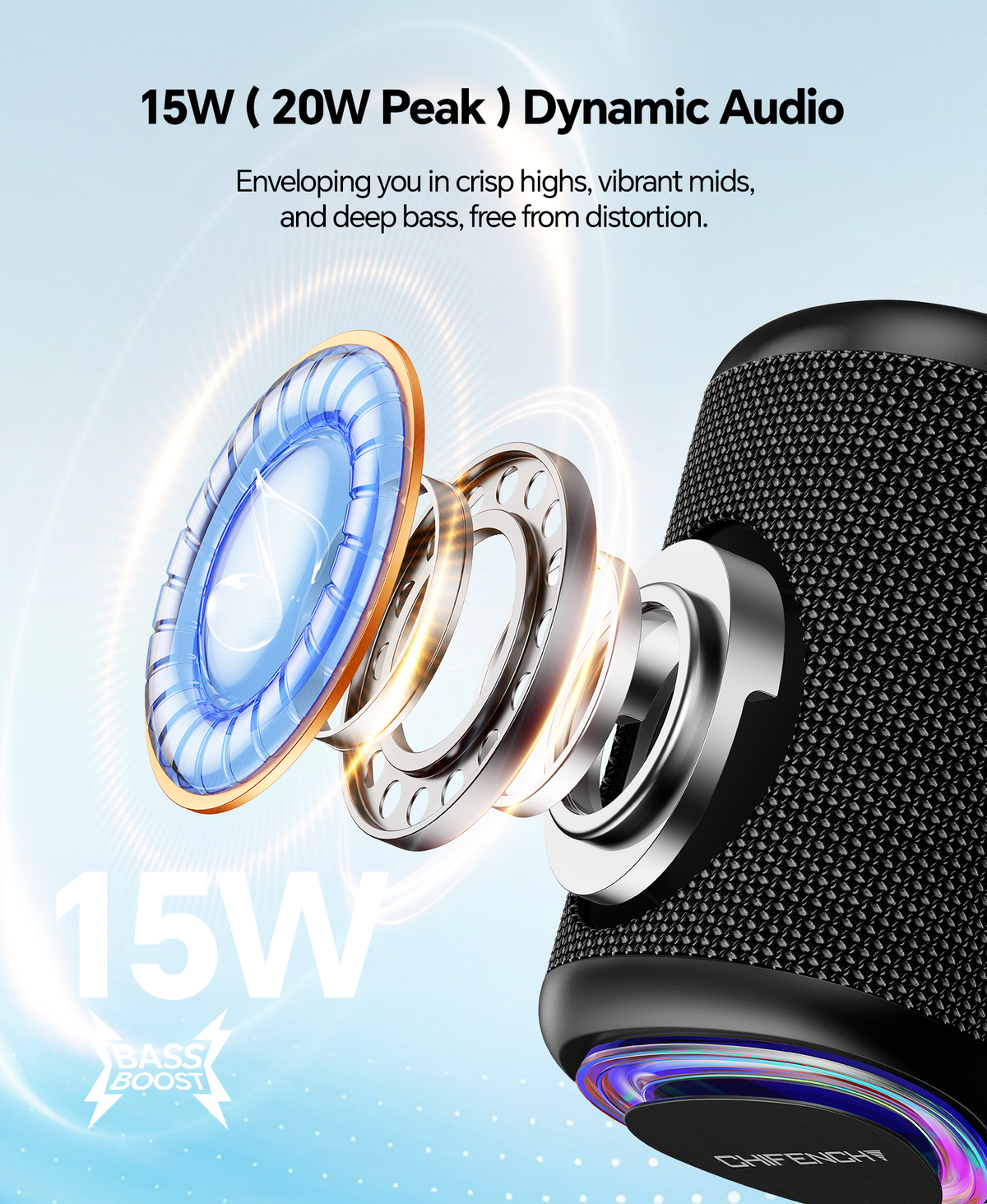 Portable Bluetooth Speaker with Lights, IPX5 Waterproof, Long Playtime, AUX and TF card input, Bluetooth 5.3, TWS pairing