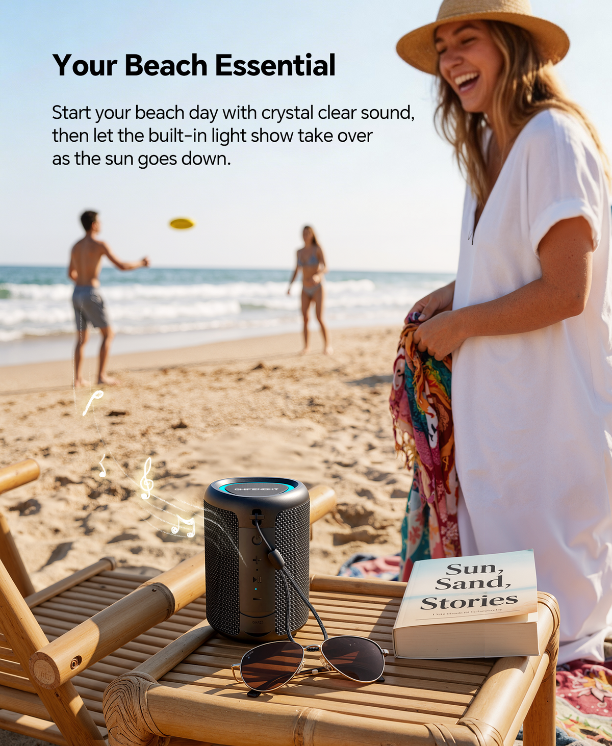 Portable Bluetooth Speaker with Lights, IPX5 Waterproof, Long Playtime, AUX and TF card input, Bluetooth 5.3, TWS pairing
